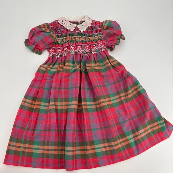 Vintage Polly Flinders Hand Smocked Gingham Dress Kids Size 6 6X